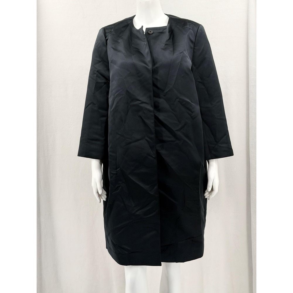 Carolina Herrera Coat Womens Large Black Satin Collarless Snap Overcoat Designer